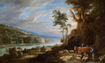 Landschaft mit Hirten und einer fernen Ansicht eines Schlosses von David Teniers the Younger