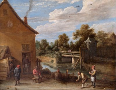 Bauern spielen Kegeln vor einem Gasthaus an einem Fluss von David Teniers the Younger