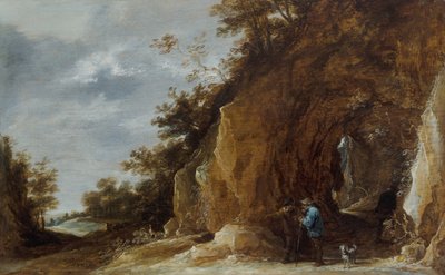 Bauern ruhen sich auf einem Pfad in einer felsigen Waldlandschaft aus von David Teniers the Younger