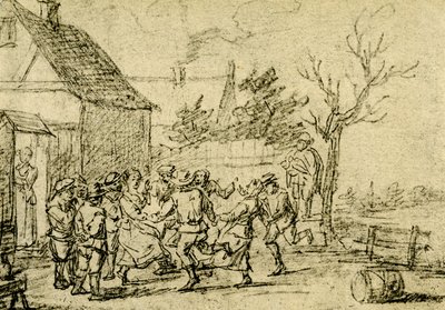 Bauern tanzen vor einem Haus von David Teniers the Younger