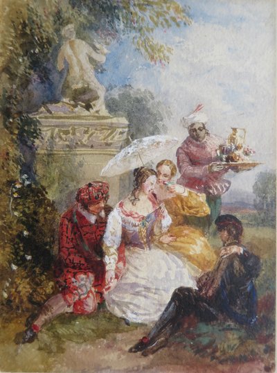 Elegante Gäste auf einer Kostümparty in einem Landhaus von David the younger Cox