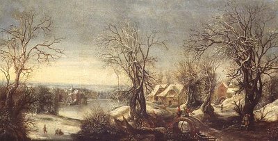 Weitläufige bewaldete Winterlandschaft mit Schlittschuhläufern auf einem zugefrorenen Wasserweg, ein Pilger und Schrein im Hintergrund von Denys van Alsloot