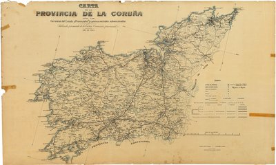 Karte der Provinz Coruña mit den Staats- und Provinzstraßen und subventionierten Gemeindestraßen. Veröffentlicht durch Beschluss der Excma. Provinzkommission von Deputación da Coruña