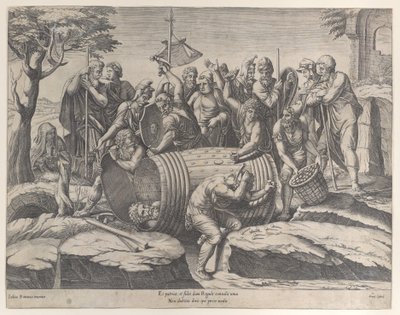 Marcus Atilius Regulus in einem Fass, während zwei Männer die Nägel einschlagen von Diana Mantuana