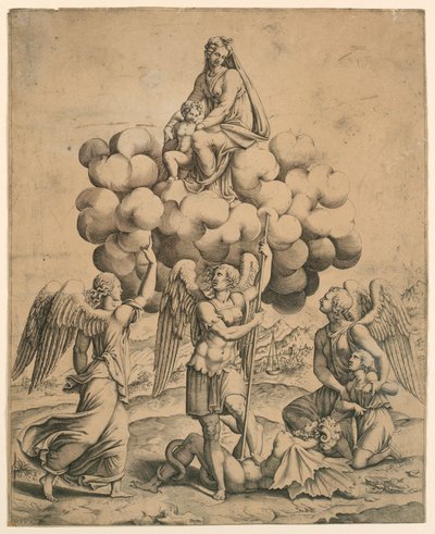 Die Erzengel Michael, Gabriel und Raphael, die Madonna und das Kind anbetend von Diana Mantuana