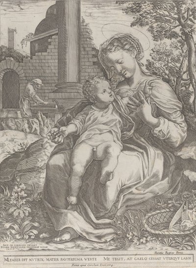 Die Heilige Familie in Ägypten, mit Joseph als Zimmermann im Hintergrund, [1577], neu veröffentlicht 1774 von Diana Mantuana