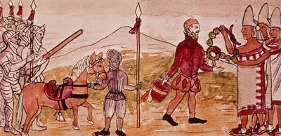 Fol.208v Treffen von Hernando Cortes (1485-1547) und Montezuma (1466-1520), Miniatur aus der 