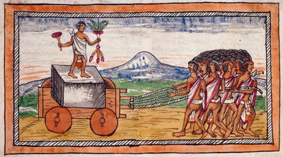 Die Azteken transportieren Steine zum Bau ihrer Städte, Aquarell aus der Geschichte der Indios von Diego Duran, Manuskript, Folio 188 recto von Diego Duran