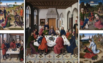 Das Sammeln von Manna und Passah (recto links), Das letzte Abendmahl (Mitte), Das Treffen von Abraham und Melchisedek und Elia, erweckt durch den Engel (1 Könige 19:5-6) (recto rechts) von Dieric Bouts