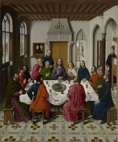 Das Sammeln von Manna und das Passahfest (recto links), Das letzte Abendmahl (Mitte), Das Treffen von Abraham und Melchisedek und Elia, geweckt durch den Engel (1 Könige 19:5-6) (recto rechts) von Dieric Bouts