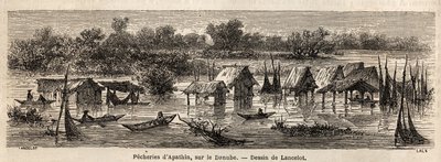 Die Fischerei von Apathin (Serbien), an der Donau. Zeichnung von Lancelot zur Illustration seiner Reise von Paris nach Bukarest im Jahr 1860. Gravur in „Le tour du monde“, herausgegeben von Edouard Charton von Dieudonne Auguste Lancelot