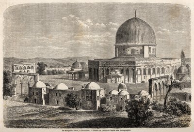 Die Moschee von Omar, erbaut 691 in Jerusalem, Zeichnung von Lancelot zur Illustration von Mr. Bidas Reise nach Palästina im Jahr 1856. Gravur in „Le tour du monde, nouveau journal des voyages“ Paris von Dieudonne Auguste Lancelot