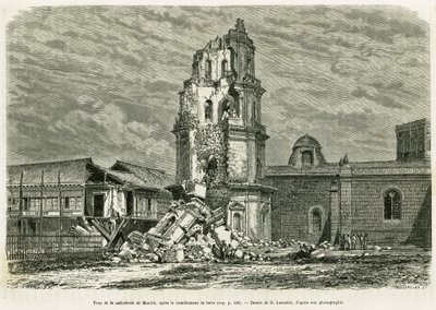 Turm der Kathedrale von Manila nach dem Erdbeben am 18. Juli 1880. Gravur von Lancelot zur Illustration der Geschichte Lucon und Palaouan, sechs Jahre auf den Philippinen, von Alfred Marche von Dieudonne Auguste Lancelot