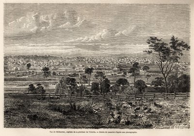 Ansicht von Melbourne (Australien), Zeichnung von Lancelot zur Illustration der Erinnerungen eines französischen Squatters in Australien von 1854-1859, von M. de Castella. Gravur in „Le tour du monde“ 1861. Selvas Sammlung. von Dieudonne Auguste Lancelot
