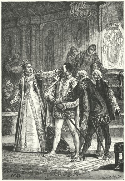 Der Earl of Essex droht, sein Schwert zu ziehen, nachdem Königin Elisabeth I. ihm wegen seiner Unverschämtheit eine Ohrfeige gegeben hat, 1598 von Diogene Ulysse Napoleon Maillart