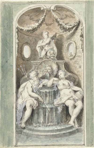Entwurf für ein dekoratives Gemälde mit einem Brunnen von Dionys van Nijmegen