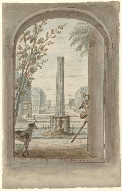 Entwurf für eine Zimmerbemalung mit Blick durch eine offene Tür in einen Garten mit Brunnen von Dionys van Nijmegen