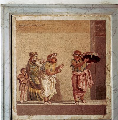 Römisches Mosaik von Musikern und maskierten Schauspielern in einem Stück, Pompeji, Italien von Dioscurides