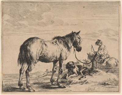 Ein an einen Pfosten gebundenes Pferd mit einem liegenden Hund von Dirck Stoop