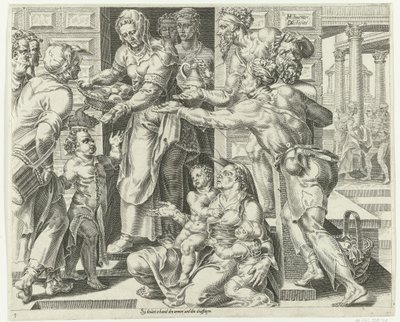 Die tugendhafte Frau übt Nächstenliebe (Lob auf die tugendhafte Hausfrau) von Dirck Volckertsz. Coornhert