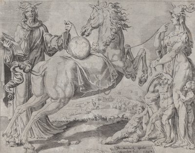 Törichtes Wissen und törichte Liebe versuchen, die Welt zurückzuhalten, aus Die ungebändigte Welt..., 1550 von Dirck Volkertsen Coornhert