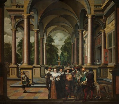 Galerie eines Palastes mit ornamentaler Architektur und Säulen (eine siebenteilige dekorative Sequenz: eine Galerie) von Dirck van Delen