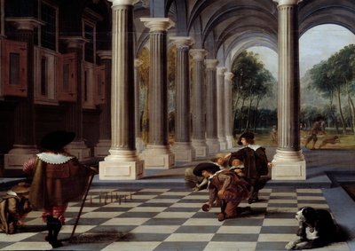 Kegelspieler: Kegelspiel auf einem Schachbrettboden (Detail) von Dirck van Delen