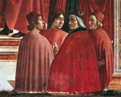 Geschichten der Jungfrau Maria: Verkündigung an Zacharias, Detail von Cristoforo Landino, Angelo Poliziano und Marsilio Ficino, ca. 1485-90 (Fresko) von Domenico Ghirlandaio