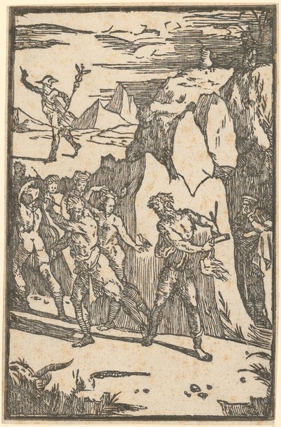 Metalle fliehen beim Versuch Vulkans, sie aus den Felsen zu lösen, Blatt 3 der Folge "De la Pirotechnia" von Domenico Beccafumi