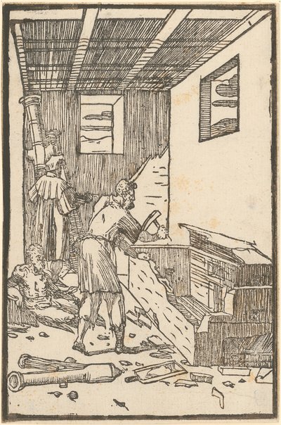 Nach dem Misserfolg wird der zerstörte Ofen abgerissen, Blatt 6 der Folge "De la Pirotechnia" von Domenico Beccafumi
