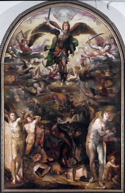 Der heilige Michael vertreibt die rebellischen Engel (Der Fall der rebellischen Engel) von Domenico Beccafumi