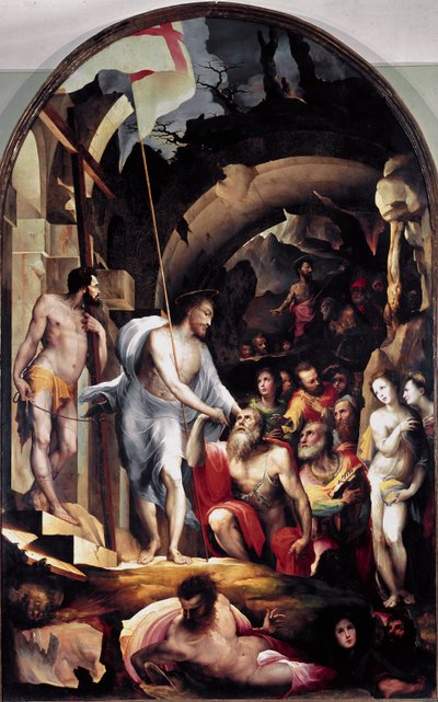 Der Abstieg Christi in die Vorhölle. Er hält ein weißes Banner mit einem roten Kreuz, ein Symbol der Auferstehung von Domenico Beccafumi