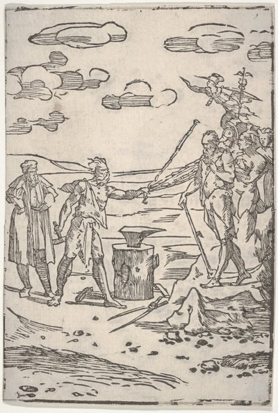 Der Fälscher steht neben einem Amboss und zieht einen Mann in Ketten, aus der Serie Die verschiedenen..., ca. 1540-1550 von Domenico di Pace Beccafumi  