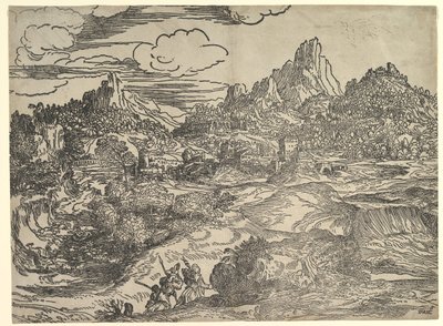 Landschaft mit Familie, die im Vordergrund spazieren geht, links zwei Figuren, ca. 1535-40 von Domenico Campagnola