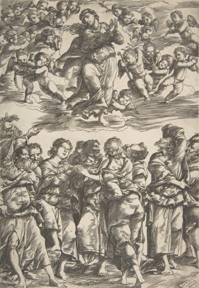 Die Jungfrau oben in der Mitte in Wolken mit gefalteten Händen und erhobenem rechten Fuß, umgeben von... von Domenico Campagnola