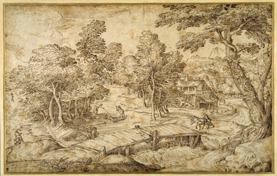 Waldlandschaft mit einem Bauernhof und einer Holzbrücke über eine Schleuse von Domenico Campagnola