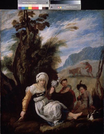 Adam und Eva, Adam arbeitet auf dem Feld und abends mit ihren zwei Kindern Abel und Kain von Domenico Fetti or Feti