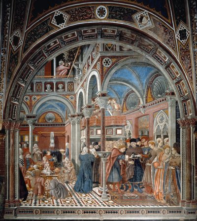 Ansicht des Waisenhauses Santa Maria della Scala in Siena. Links kümmern sich die Ammen um die verlassenen Kinder, rechts eine schwangere Frau, die zur Heirat gezwungen wird. Fresko von Domenico di Bartolo (aktiv zwischen 1428 und 1447) Spedale di Santa Ma von Domenico di Bartolo
