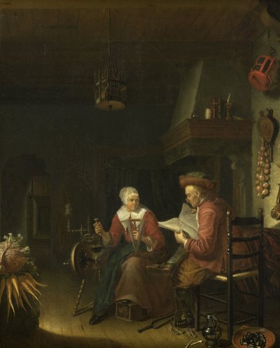 Innenraum mit einem lesenden Mann und einer Garn spinnenden Frau von Domenicus van Tol