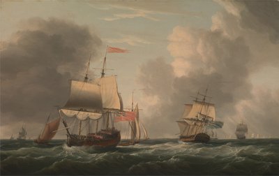 Ein englischer Zweidecker, der bei frischer Brise mit anderen Schiffen und Booten liegt von Dominic Serres