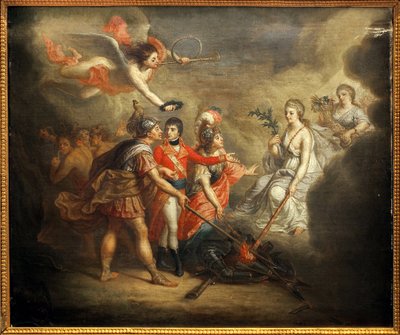 Der Frieden von Amiens. Vertrag unterzeichnet am 25. März 1802 zwischen dem Vereinigten Königreich und seinen Verbündeten dem Osmanischen Reich einerseits und Frankreich, Spanien und Holland andererseits. Das Gemälde zeigt Napoleon I. Bonaparte, gekrönt vo von Dominique Doncre