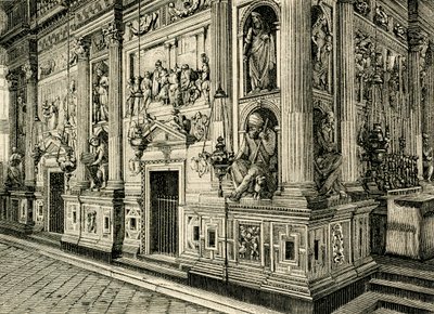 Marmorschirm des Heiligen Hauses, entworfen von Donato Bramante (1444-1514), Heiligtum des Heiligen Hauses, Loreto, Marken, Italien von Donato Bramante