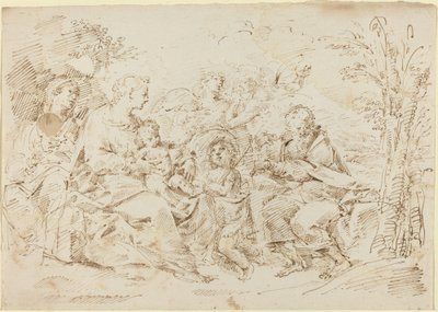 Heilige Familie mit St. Elisabeth, St. Johannes dem Täufer und zwei Engeln in einer Landschaft von Donato Creti