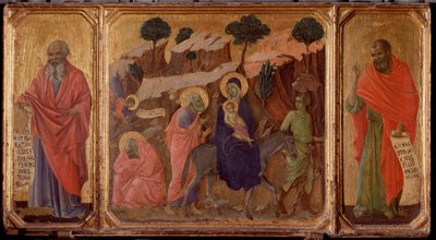 Leben Christi: Flucht nach Ägypten mit den Propheten Jeremia und Hosea. Predella der Maestà von Duccio di Buoninsegna