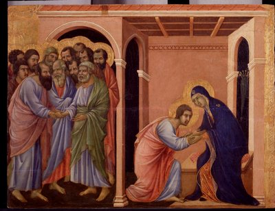 Maria verabschiedet sich von Johannes, außen schütteln die Apostel Petrus und Paulus die Hände (Detail) von Duccio di Buoninsegna