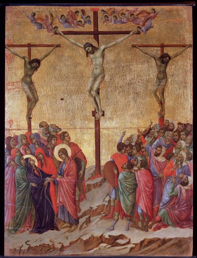 Die Kreuzigung. An den Seiten der gute Dieb (Dismas) und der unbußfertige Dieb (Gestas). Maestà-Altarbild von Duccio di Buoninsegna