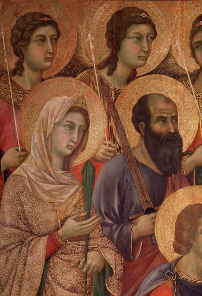 Jungfrau und Kind auf dem Thron, Detail mit der heiligen Katharina von Alexandria und dem heiligen Paulus von Duccio di Buoninsegna