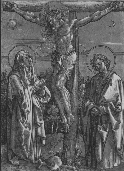 Christus am Kreuz mit der Jungfrau und Johannes dem Evangelisten, 1500-1550 von Dürer School.