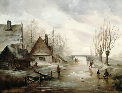 Winterlandschaft mit Schlittschuhläufern im Vordergrund von Dutch School
