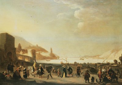 Ein Hafen mit Straßenverkäufern und Bauern im Vordergrund von Dutch School